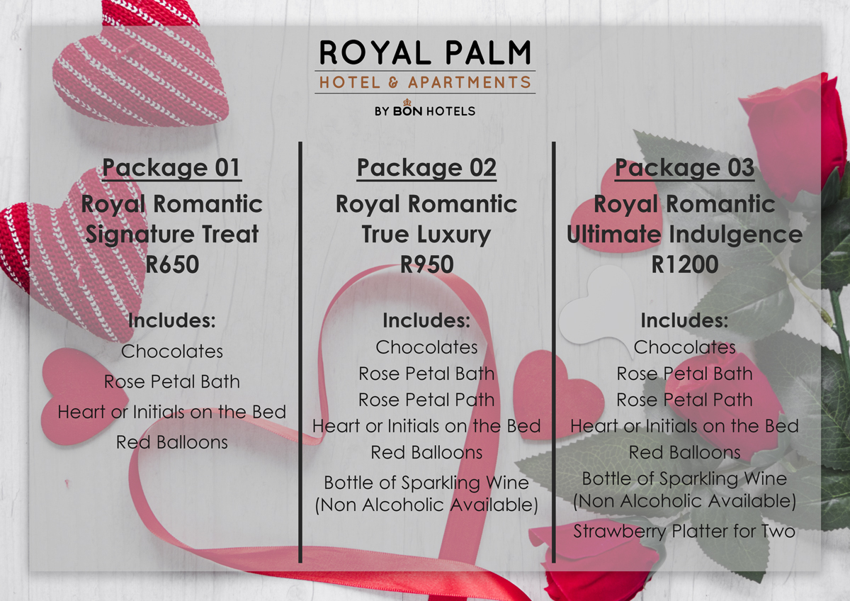 BON Getaway Deal & Packages | Royal Palm Hotel & Apartments Romantic Packages | Accommodation – 10% discount on the best available rate when booking a package.