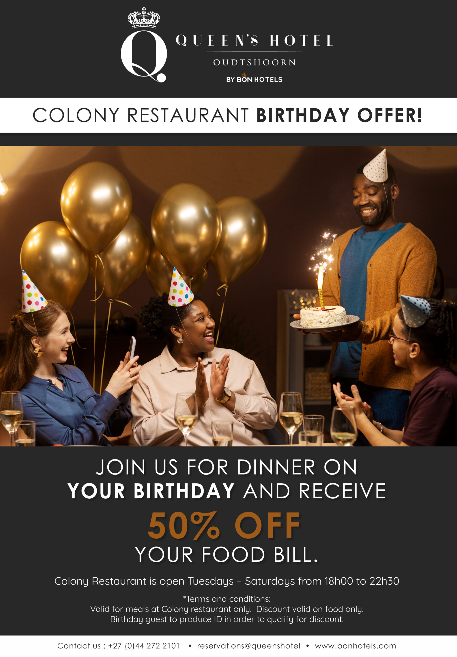 BON Appetits | Queen’s Hotel by BON Hotels –  50% off dinner during your birthday month | Valid until December 2023