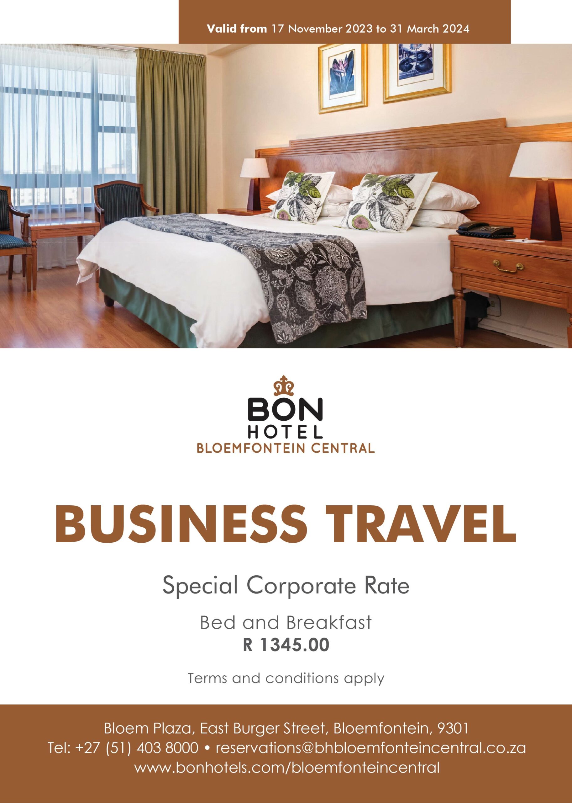 BON Getaway Deal & Packages | Business Travel Special Rate at BON Hotel Bloemfontein Central |  R1345 with Bed & Breakfast 