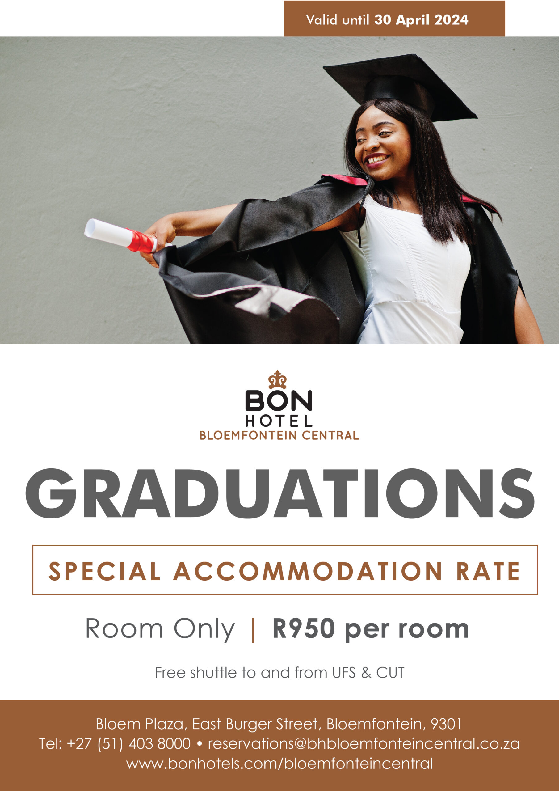BON Getaway Deal & Packages | Graduations special at BON Hotel Bloemfontein Central | R950 per room Free shuttle to and from UFS & CUT