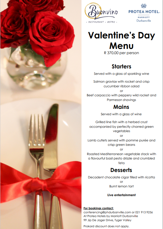 BON Appetits | Valentine’s Day at Buonvino Protea Hotel By Marriott Durbanville | R 370.00 per person