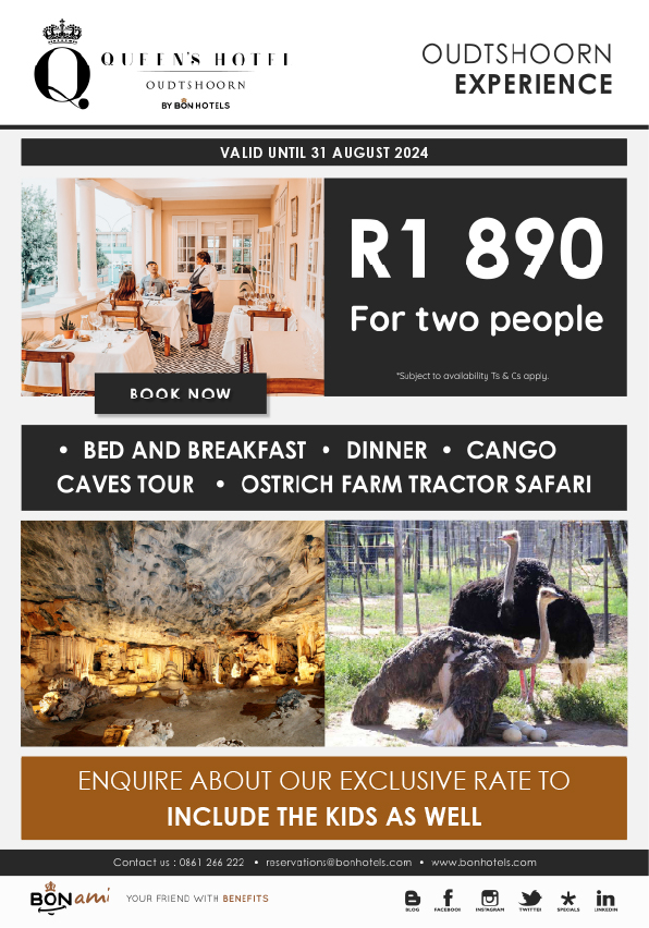 BON Getaway Deal & Packages | Queens Safari Ostrich Farm  – Queen’s Hotel by BON Hotels | R1890 included in the rates -  Breakfast, dinner, Cango Cave tour and Ostrich farm tour  